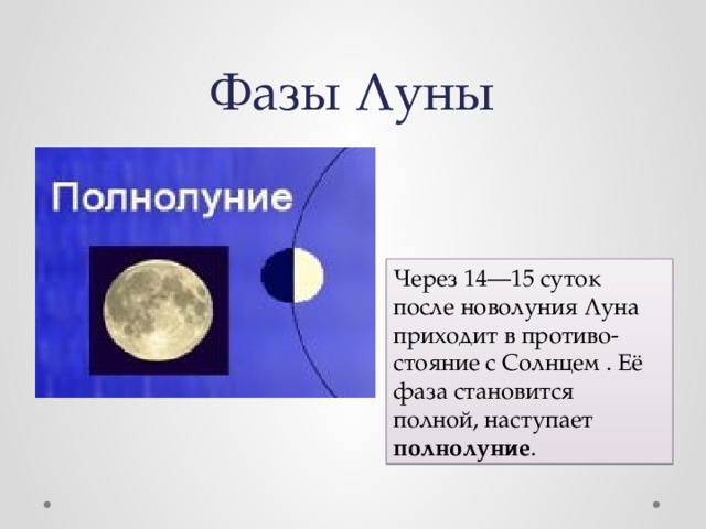 Фазы Луны Через 14—15 суток после новолуния Луна приходит в противо- стояние с Солнцем . Её фаза становится полной, наступает полнолуние . 