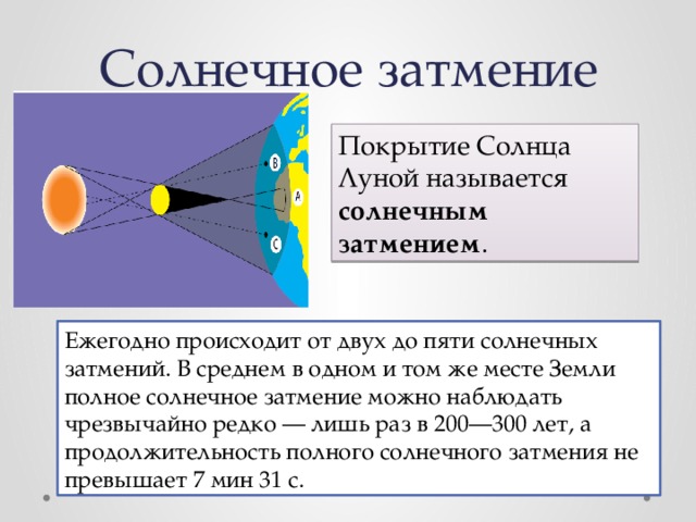 Солнечное затмение Покрытие Солнца Луной называется солнечным затмением . Ежегодно происходит от двух до пяти солнечных затмений. В среднем в одном и том же месте Земли полное солнечное затмение можно наблюдать чрезвычайно редко — лишь раз в 200—300 лет, а продолжительность полного солнечного затмения не превышает 7 мин 31 с. 