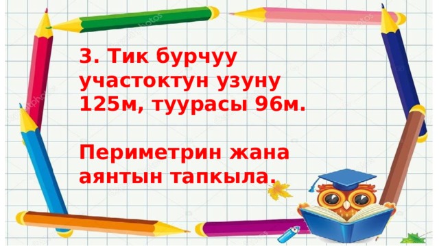3. Тик бурчуу участоктун узуну 125м, туурасы 96м.  Периметрин жана аянтын тапкыла. 