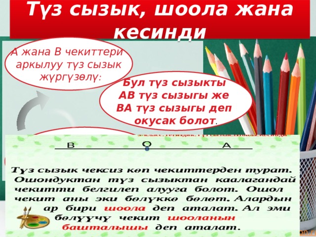 Түз сызык, шоола жана кесинди А жана В чекиттери аркылуу түз сызык  жүргүзөлү : Бул түз сызыкты  АВ түз сызыгы же  ВА түз сызыгы деп окусак болот . Чекиттин бир жагында  жаткан түз сызыктын бөлүгү шоола  деп аталат. 
