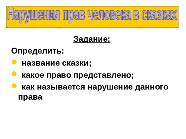 Задание:  Определить:  название сказки;  какое право представлено;  как называется нарушение данного права 