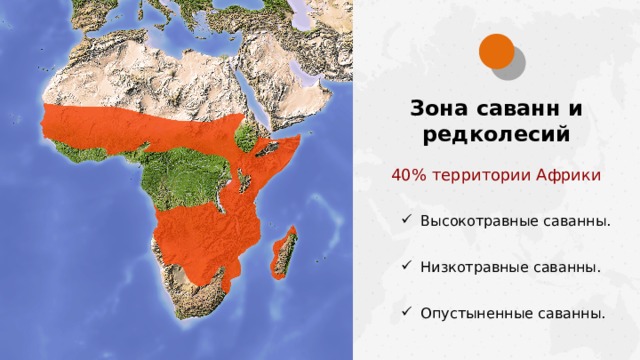 Зона саванн и редколесий 40% территории Африки Высокотравные саванны. Низкотравные саванны. Опустыненные саванны.  
