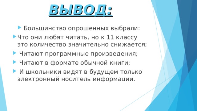ВЫВОД: Большинство опрошенных выбрали: Что они любят читать, но к 11 классу это количество значительно снижается;  Читают программные произведения;  Читают в формате обычной книги;  И школьники видят в будущем только электронный носитель информации. 