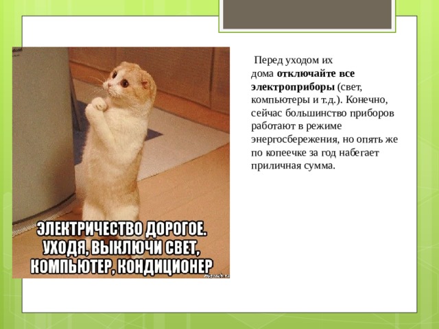   Перед уходом их дома  отключайте все электроприборы  (свет, компьютеры и т.д.). Конечно, сейчас большинство приборов работают в режиме энергосбережения, но опять же по копеечке за год набегает приличная сумма. 