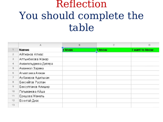 Reflection  You should complete the table   