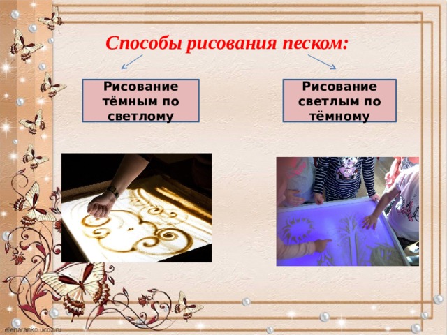 Способы рисования песком: Рисование тёмным по светлому Рисование светлым по тёмному 