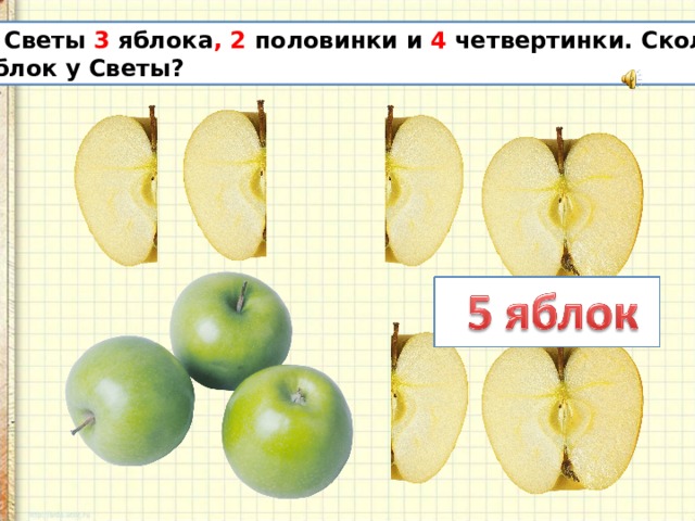 У Светы 3 яблока , 2 половинки и 4 четвертинки. Сколько яблок у Светы? 