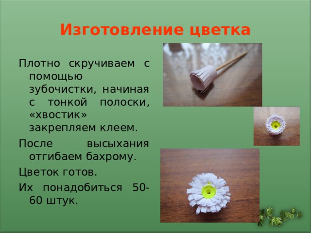 Изготовление цветка Плотно скручиваем с помощью зубочистки, начиная с тонкой полоски, «хвостик» закрепляем клеем. После высыхания отгибаем бахрому. Цветок готов. Их понадобиться 50-60 штук. 