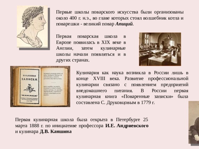 Первые школы поварского искусства были организованы около 400 г. н.э., во главе которых стоял волшебник котла и поварешки - великий повар Апиций . Первая поварская школа в Европе появилась в XIX веке в Англии, затем кулинарные школы начали появляться и в других странах. Кулинария как наука возникла в России лишь в конце XVIII века. Развитие профессиональной кулинарии связано с появлением предприятий внедомашнего питания. В России первая кулинарная книга «Поваренные записки» была составлена С. Друковцовым в 1779 г. Первая кулинарная школа была открыта в Петербурге 25 марта 1888 г. по инициативе профессора И.Е. Андриевского и кулинара Д.В. Каншина 