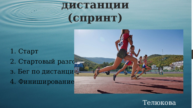 Бег на короткие дистанции  (спринт)   1. Старт 2. Стартовый разгон з. Бег по дистанции 4. Финиширование Телюкова С.М. 