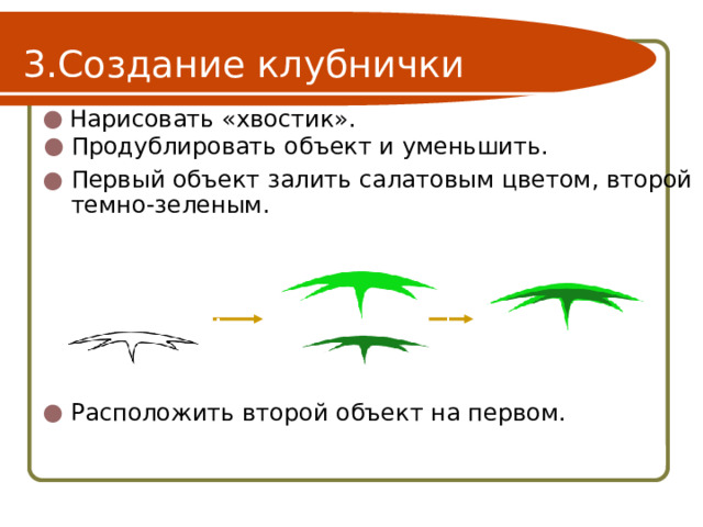 Создание клубнички Нарисовать «хвостик». Продублировать объект и уменьшить. Первый объект залить салатовым цветом, второй темно-зеленым. Расположить второй объект на первом. 