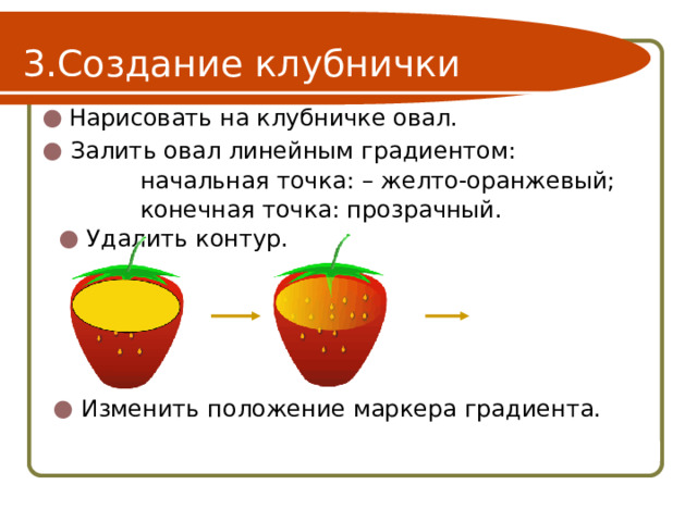 Создание клубнички Нарисовать на клубничке овал. Залить овал линейным градиентом:    начальная точка: – желто-оранжевый;    конечная точка: прозрачный. Удалить контур. Изменить положение маркера градиента. 