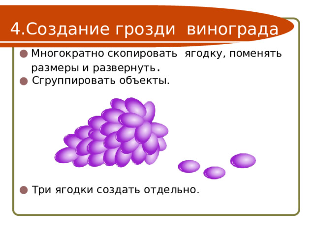 Создание грозди винограда Многократно скопировать ягодку, поменять размеры и развернуть . Сгруппировать объекты. Три ягодки создать отдельно. 