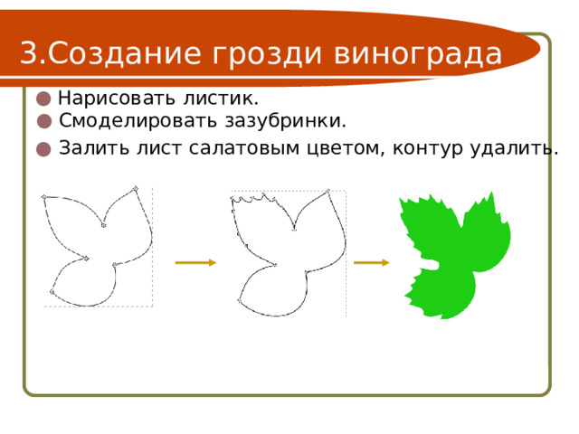 Создание грозди винограда Нарисовать листик. Смоделировать зазубринки. Залить лист салатовым цветом, контур удалить. 
