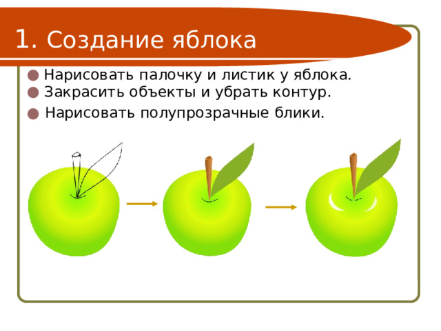 1. Создание яблока Нарисовать палочку и листик у яблока. Закрасить объекты и убрать контур. Нарисовать полупрозрачные блики. 