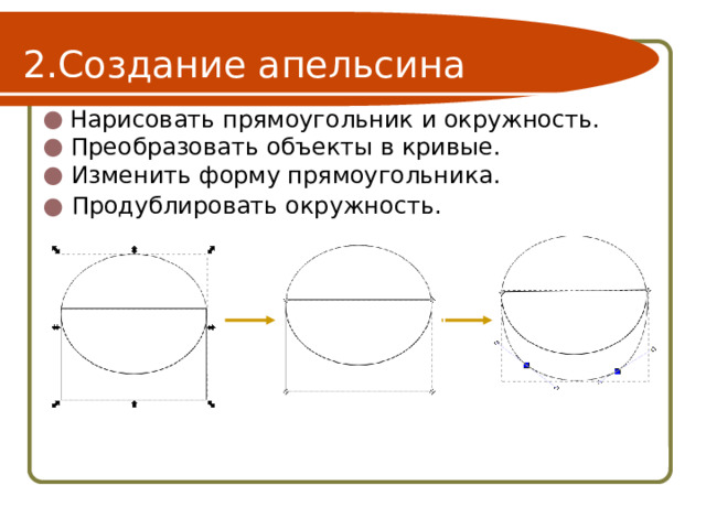 Создание апельсина Нарисовать прямоугольник и окружность. Преобразовать объекты в кривые. Изменить форму прямоугольника. Продублировать окружность. 