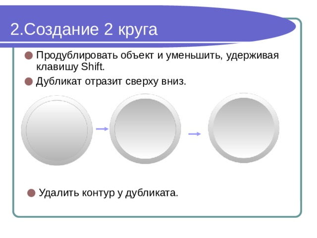 Создание 2 круга Продублировать объект и уменьшить, удерживая клавишу Shift. Дубликат отразит сверху вниз. Удалить контур у дубликата. 