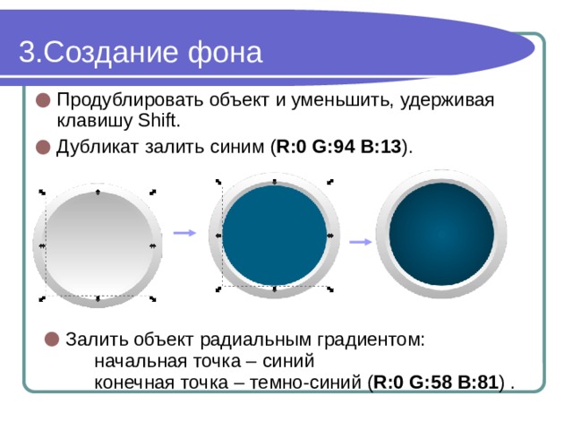 Создание фона  Продублировать объект и уменьшить, удерживая клавишу Shift. Дубликат залить синим ( R:0 G:94 B:13 ). Залить объект радиальным градиентом:   начальная точка – синий   конечная точка – темно-синий ( R:0 G:58 B:81 ) . 
