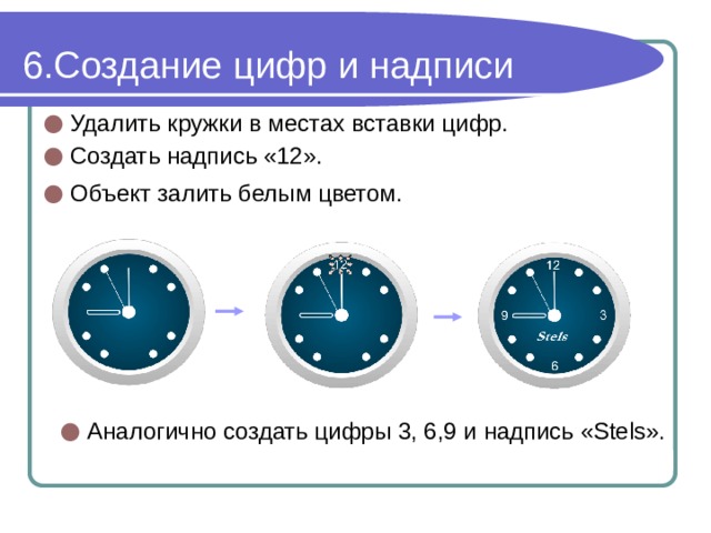 Создание цифр и надписи Удалить кружки в местах вставки цифр. Создать надпись «12». Объект залить белым цветом. Аналогично создать цифры 3, 6,9 и надпись «Stels». 