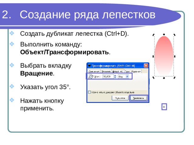 Создание ряда лепестков Создать дубликат лепестка (Ctrl+D). Выполнить команду: Объект/Трансформировать . Выбрать вкладку Вращение . Указать угол 35°. Нажать кнопку применить. 