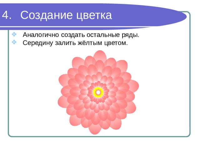 Создание цветка Аналогично создать остальные ряды. Середину залить жёлтым цветом. 
