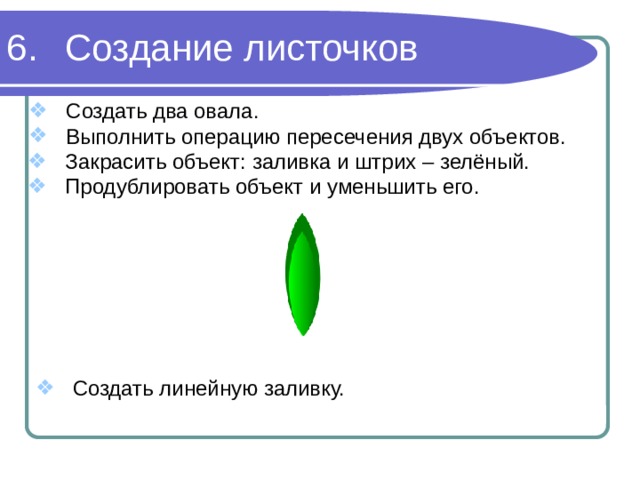 Создание листочков Создать два овала. Выполнить операцию пересечения двух объектов. Закрасить объект: заливка и штрих – зелёный. Продублировать объект и уменьшить его. Создать линейную заливку. 