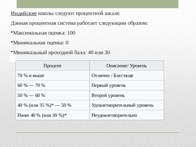 Индийские   школы следуют процентной шкале. Данная процентная система работает следующим образом: Максимальная оценка: 100 Минимальная оценка: 0 Минимальный проходной балл: 40 или 30 Процент Описание/ Уровень 70 % и выше Отлично / Блестяще 60 % — 70 % Первый уровень 50 % — 60 % Второй уровень 40 % (или 35 %)* — 50 % Удовлетворительный уровень Ниже 40 % (или 30 %)* Неудовлетворительно 