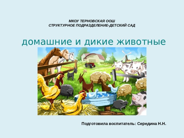       МКОУ ТЕРНОВСКАЯ ООШ СТРУКТУРНОЕ ПОДРАЗДЕЛЕНИЕ-ДЕТСКИЙ САД  домашние и дикие животные Подготовила воспитатель: Середина Н.Н.  