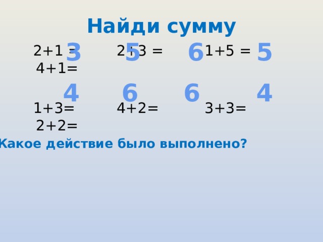 Найди сумму 3 5 6 5  2+1 = 2+3 = 1+5 = 4+1=  1+3= 4+2= 3+3= 2+2= 4 6 6 4 Какое  действие  было  выполнено? 