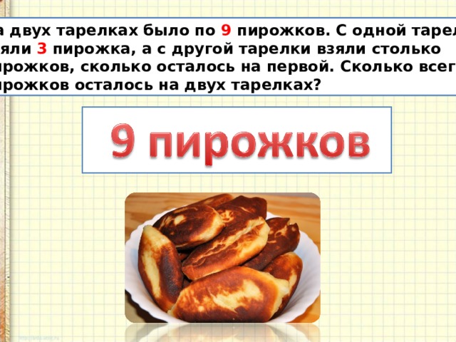 На двух тарелках было по 9 пирожков. С одной тарелки взяли 3 пирожка, а с другой тарелки взяли столько пирожков, сколько осталось на первой. Сколько всего пирожков осталось на двух тарелках? 