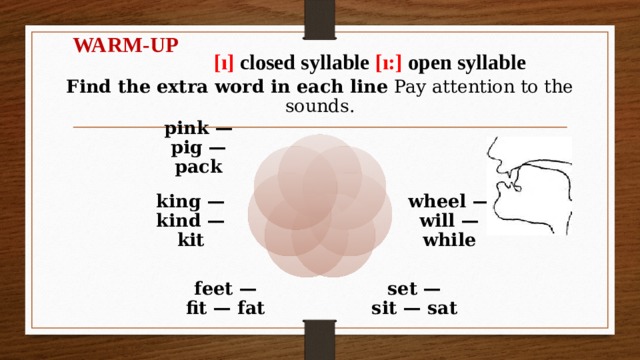 WARM-UP  [ı] closed syllable [ı:] open syllable   Find the extra word in each line Pay attention to the sounds. pink — pig — pack wheel — will — while king — kind —kit feet — fit — fat set — sit — sat 