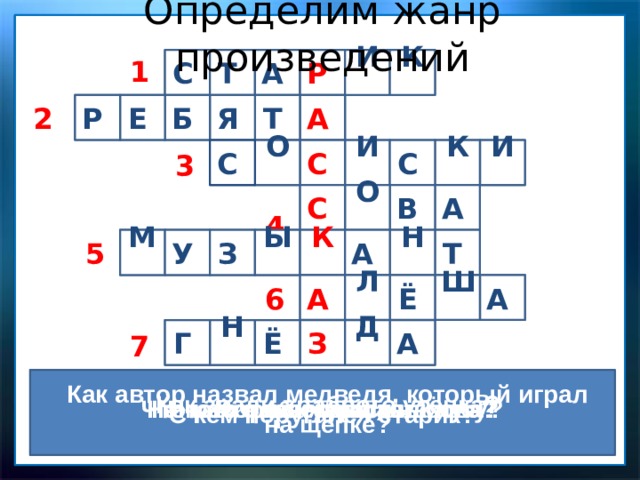 Определим жанр произведений 1  К И Р  А С 1    Т      Е   2    Р 2  А  Т Я  Б      И С  О  И К С С   3  3       4 В С  О А  4 У М Ы 5  К  Т Н А З      5       А Ш Ё Л А     6 6 Н З  А Д Г Ё       7  7  Как автор назвал медведя, который играл на щепке? Как звали храброго утёнка? Что хотела украсть киска? На кого рассердилась сова? Что разоряли мыши на лугу? Кто обижал утят? С кем поругался старик? 