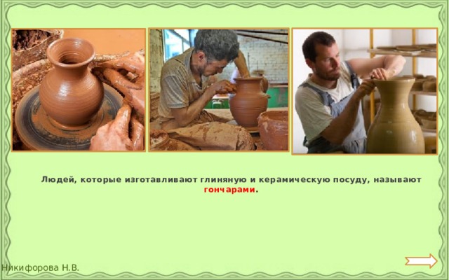  Людей, которые изготавливают глиняную и керамическую посуду, называют гончарами . 