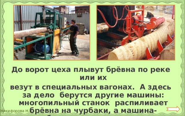 До ворот цеха плывут брёвна по реке или их везут в специальных вагонах. А здесь за дело берутся другие машины: многопильный станок распиливает брёвна на чурбаки, а машина-корообдирка сдирает с них кору. 