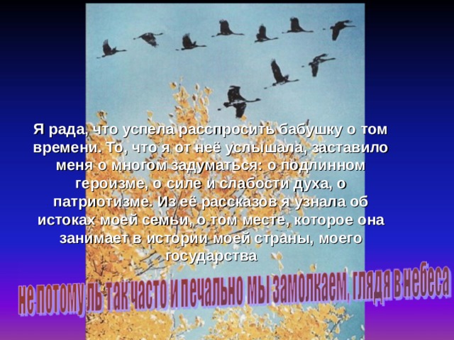 Я рада, что успела расспросить бабушку о том времени. То, что я от неё услышала, заставило меня о многом задуматься: о подлинном героизме, о силе и слабости духа, о патриотизме. Из её рассказов я узнала об истоках моей семьи, о том месте, которое она занимает в истории моей страны, моего государства 