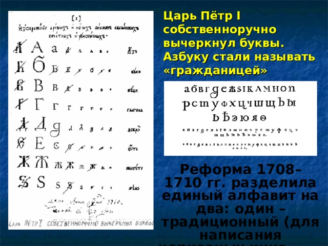 Царь Пётр I собственноручно вычеркнул буквы. Азбуку стали называть «гражданицей» Реформа 1708–1710 гг. разделила единый алфавит на два: один – традиционный (для написания церковных книг, а другой – новый, светский, гражданский). 