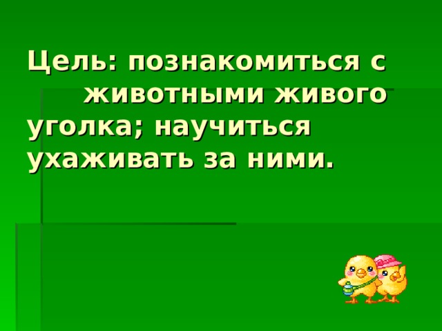 Цель: познакомиться с животными живого уголка; научиться ухаживать за ними. 