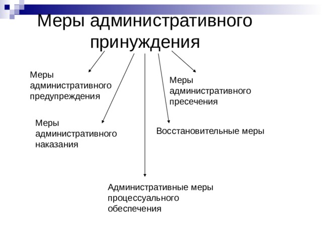 Меры административного принуждения Меры административного предупреждения Меры административного пресечения Меры административного наказания Восстановительные меры Административные меры процессуального обеспечения 