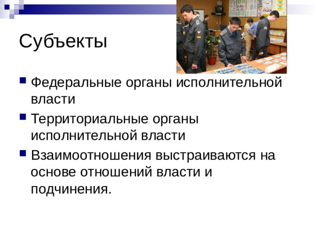 Субъекты Федеральные органы исполнительной власти Территориальные органы исполнительной власти Взаимоотношения выстраиваются на основе отношений власти и подчинения. 