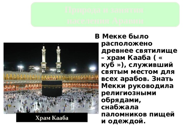 Природа и занятия населения Аравии В Мекке было расположено древнее святилище – храм Кааба ( « куб »), служивший святым местом для всех арабов. Знать Мекки руководила религиозными обрядами, снабжала паломников пищей и одеждой. Храм Кааба 
