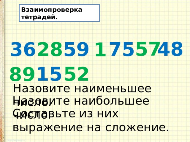 Взаимопроверка тетрадей. 57 48 75 36 28 59 1 15 52 89 Назовите наименьшее число. Назовите наибольшее число. Составьте из них выражение на сложение.  