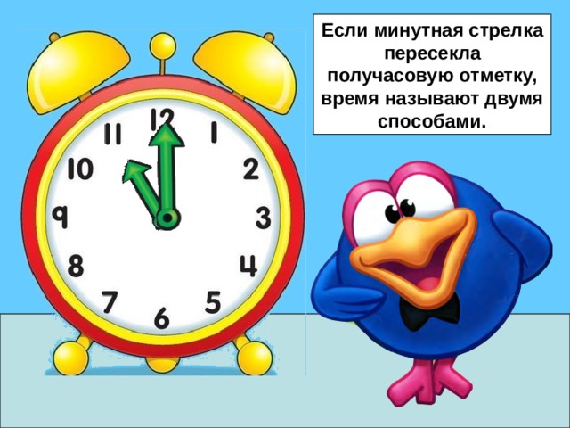 Если минутная стрелка пересекла получасовую отметку, время называют двумя способами. 