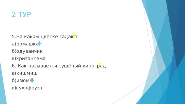 2 ТУР ? 5.На каком цветке гадают а)ромашка б)одуванчик в)хризантема 6. Как называется сушёный виноград а)кишмиш б)изюм в)сухофрукт ? 