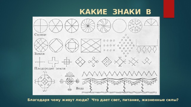 КАКИЕ ЗНАКИ В УЗОРЕ ?   Благодаря чему живут люди? Что дает свет, питание, жизненные силы? 