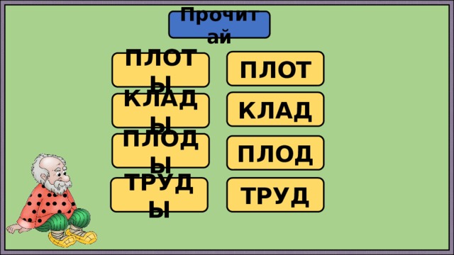 Прочитай ПЛОТ ПЛОТЫ КЛАД КЛАДЫ ПЛОДЫ ПЛОД ТРУДЫ ТРУД 