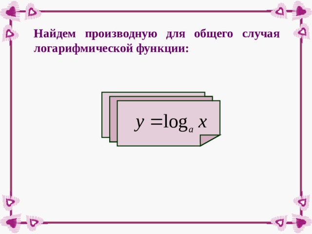 Найдем производную для общего случая логарифмической функции: 