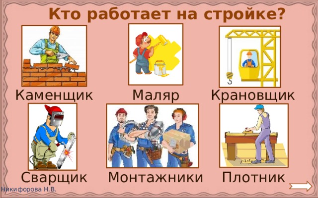  Кто работает на стройке? Маляр Крановщик Каменщик Сварщик Плотник Монтажники 