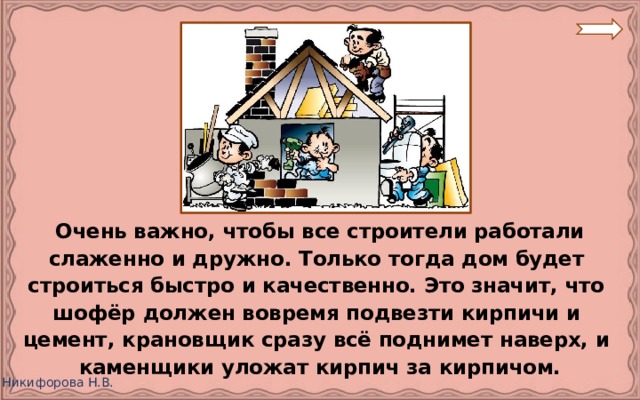 Очень важно, чтобы все строители работали слаженно и дружно. Только тогда дом будет строиться быстро и качественно. Это значит, что шофёр должен вовремя подвезти кирпичи и цемент, крановщик сразу всё поднимет наверх, и каменщики уложат кирпич за кирпичом. 