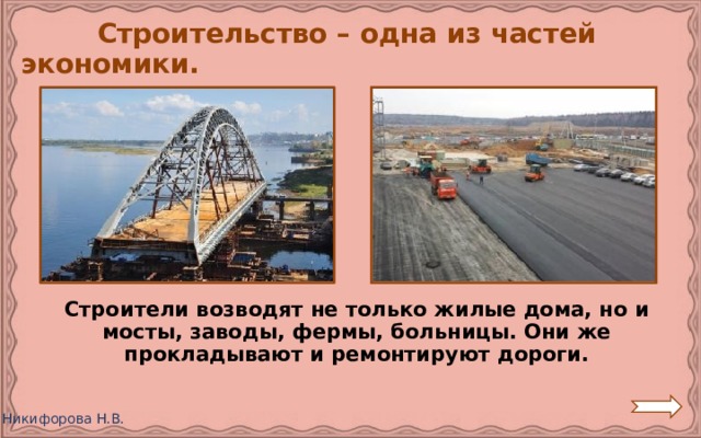 Строительство – одна из частей экономики.  Строители возводят не только жилые дома, но и мосты, заводы, фермы, больницы. Они же прокладывают и ремонтируют дороги. 