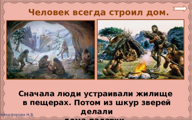  Человек всегда строил дом. Сначала люди устраивали жилище в пещерах. Потом из шкур зверей делали дома-палатки. 